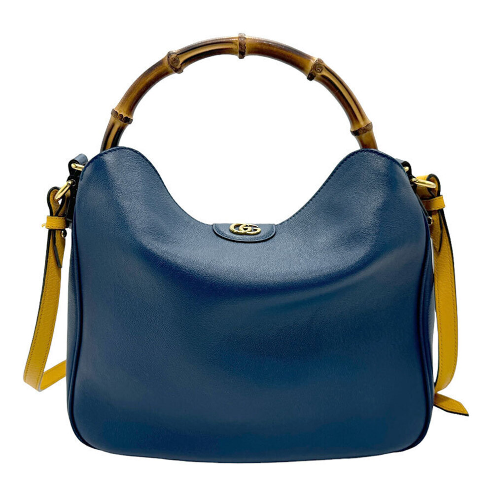 Gucci Bamboo GG Marmont Leather Top Handle Bag Navy Blue Yellow Gold